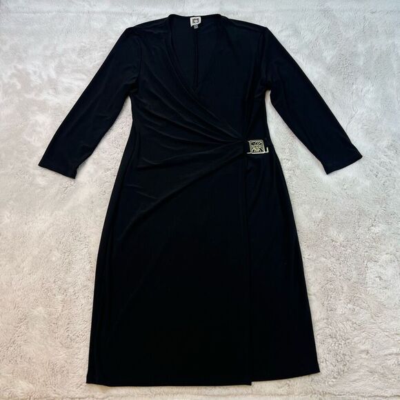 ANNE KLEIN BLACK JERSEY Faux Wrap Drape Sheath Dress Size 10 Deep Vneck Stretchy - Picture 2 of 13